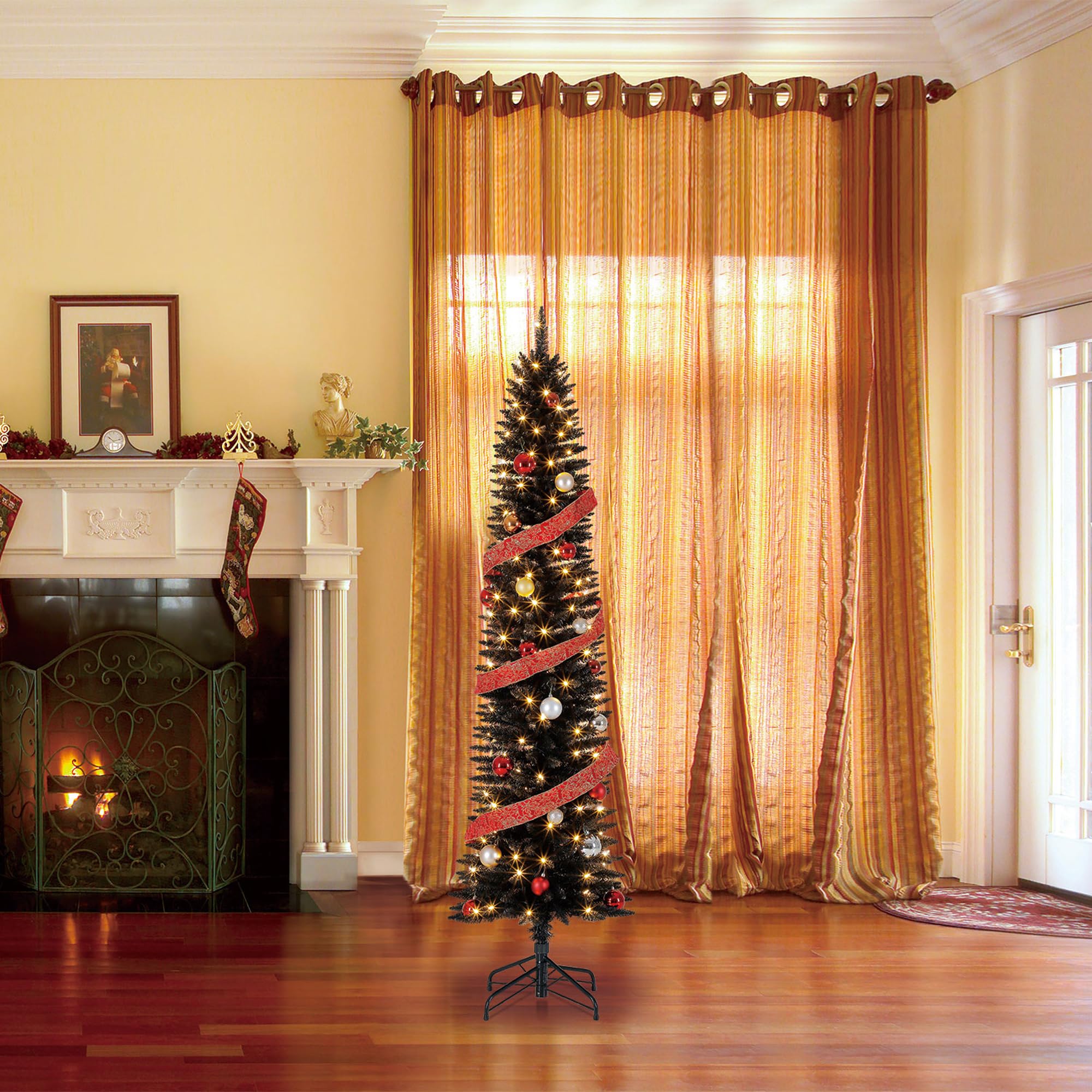 7ft Pre-Lit Skinny Pencil Artificial Christmas Tree with 150 Warm White LED Lights & Stand - Black Holiday Decor for Small Spaces, Apartments & Office Decorations