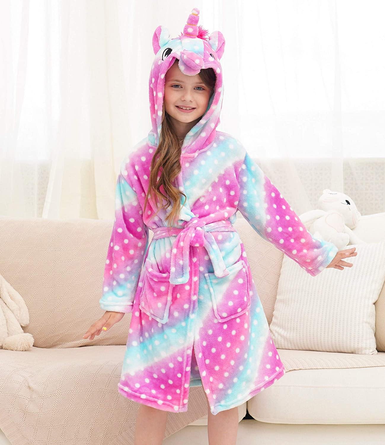 Soft & Cozy Unicorn Dots Bathrobe for Women & Girls - Plush Fleece Robe with Hood for Spa, Lounge & Relaxation at Home