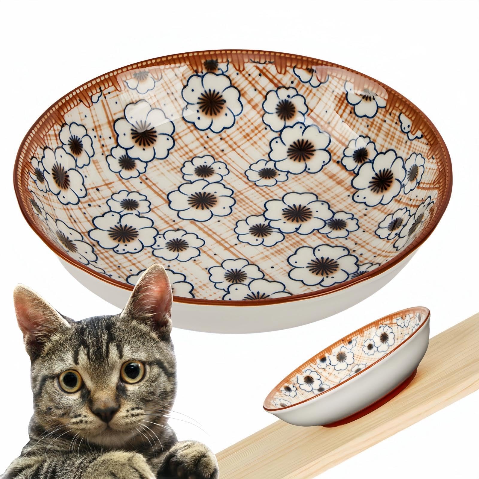Whisker Fatigue Cat Bowl – 5.5 Inch Ceramic Cat Food Dish with Non-Slip Silicone Base, Shallow Wide Cat Plate for Indoor Cats | Quiet Feeding Solution for Sensitive Whiskers | Perfect for Kittens, Senior Cats & Picky Eaters