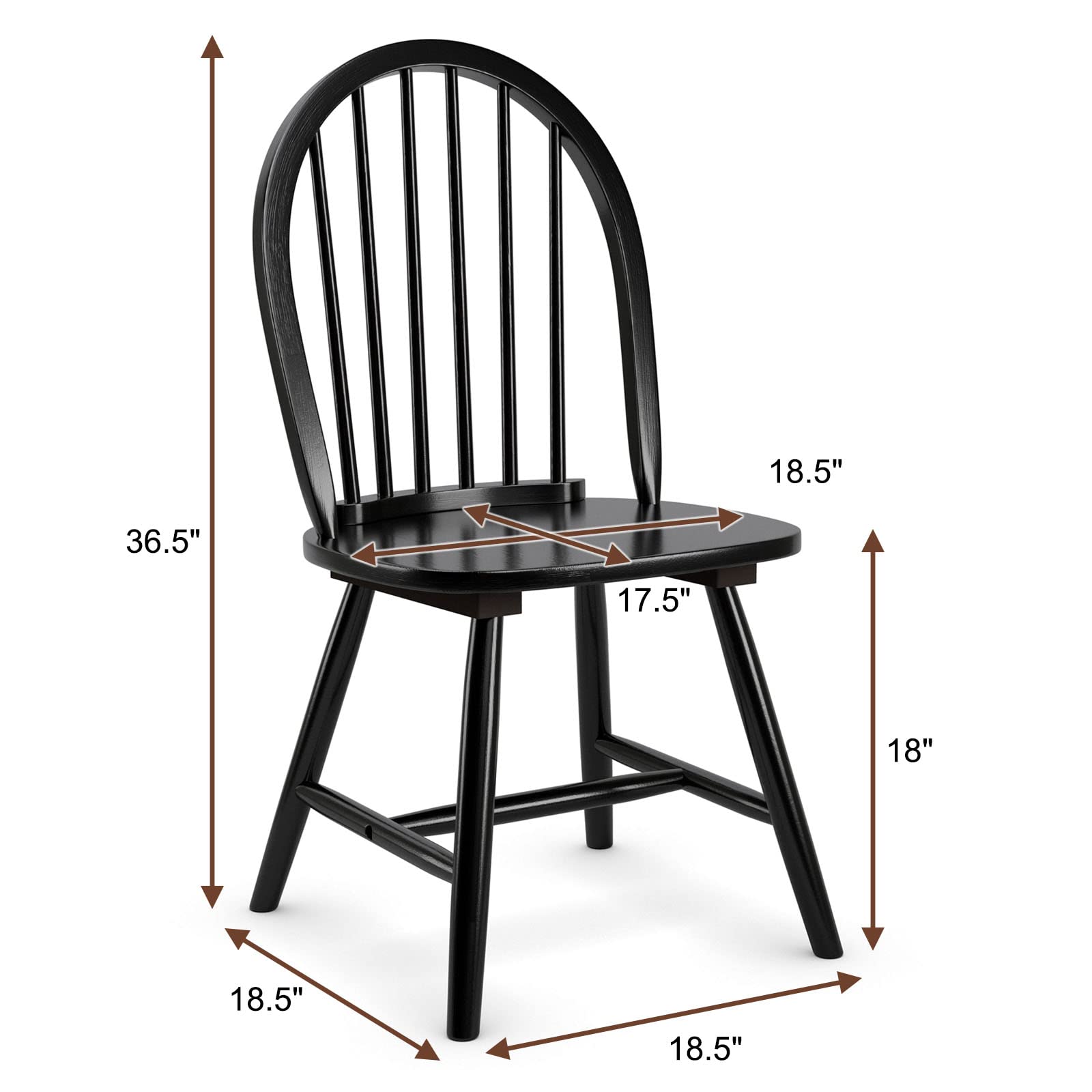 KOTEK Set of 2 Windsor Dining Chairs - Solid Wood Spindle Back Chairs with Wide Seat, Farmhouse Style Armless Side Chairs for Kitchen, Dining Room & Living Room - Perfect for Family Gatherings & Home Decor (Black)