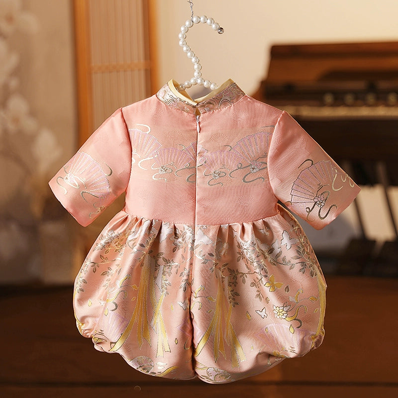Elegant Baby Romper with Disc Button Stand Collar - Soft Cotton Jumpsuit for Newborns & Infants - Perfect for Photos, Parties & Everyday Wear