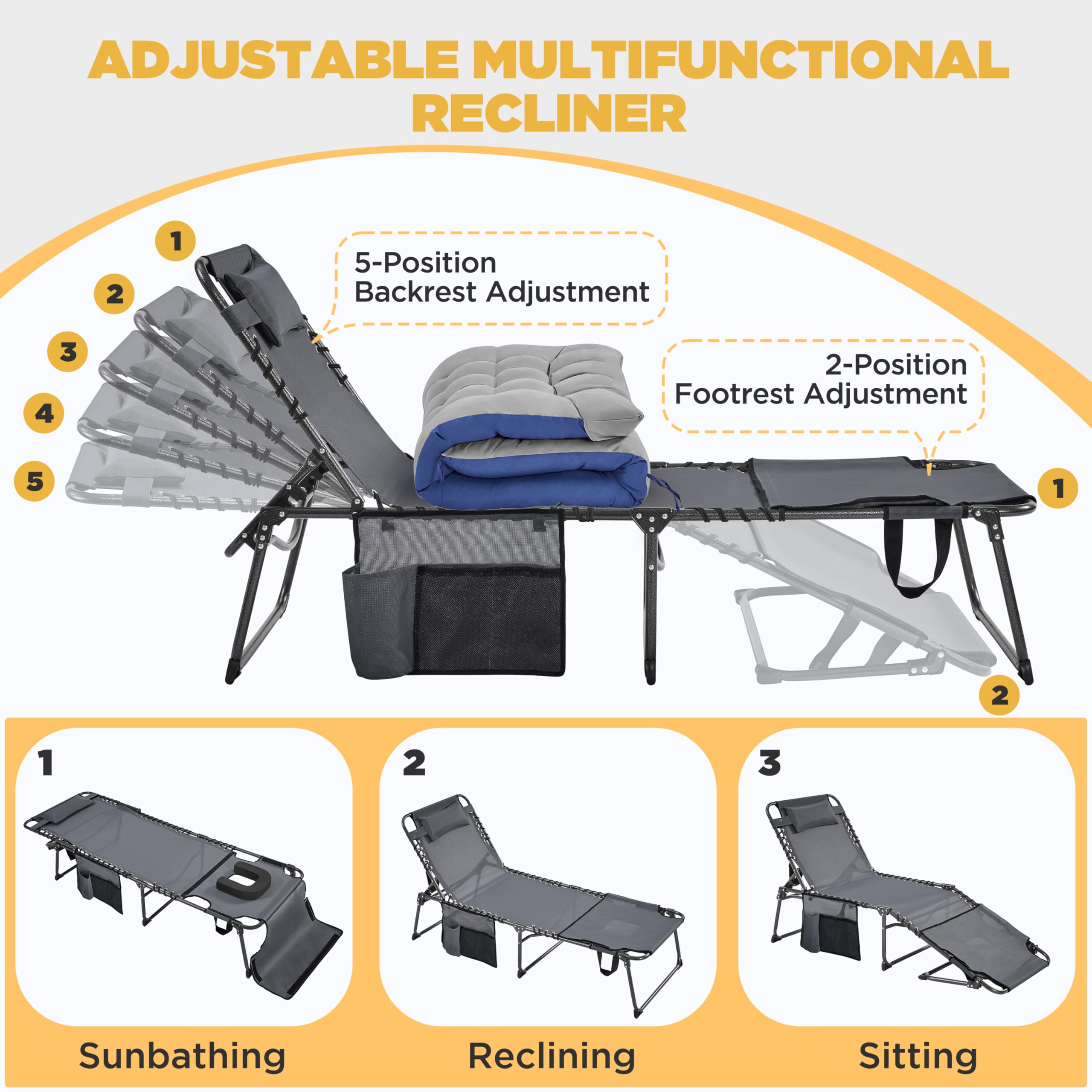 Yaheetech Outdoor Folding Tanning Chair - Portable Sun Lounger with Removable Padded Cushion & Face Hole, 5-Position Adjustable Chaise Lounge for Patio, Beach, Poolside, Backyard, Camping - Perfect for Sunbathing, Relaxation & Outdoor Leisure (Gray)