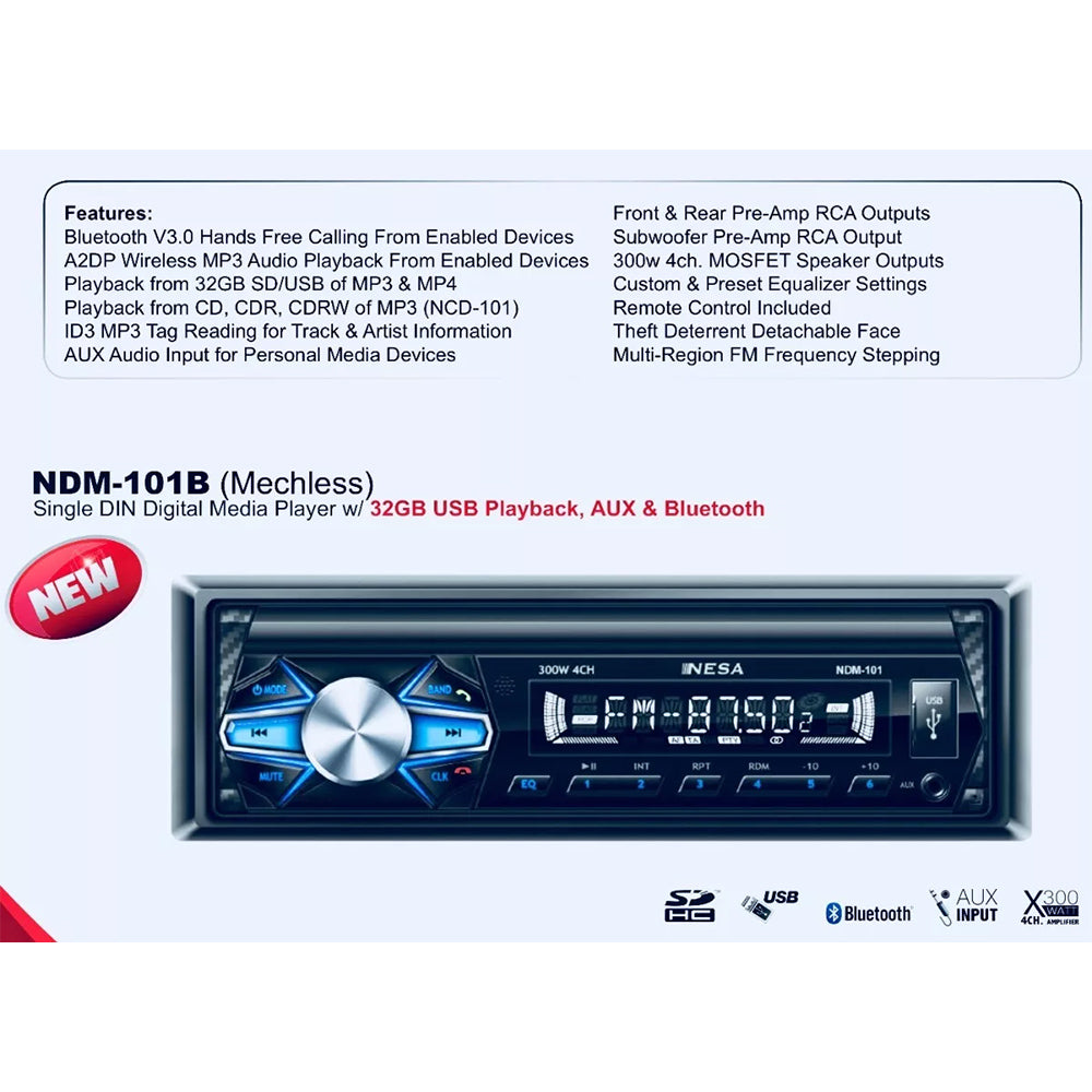 NESA NDM 101B Single DIN Car Stereo - Bluetooth 3.0 Digital Media Receiver with 32GB USB Playback, AUX Input & FM Radio | Perfect for Truck, SUV & Car Audio Upgrade | Enjoy Hands-Free Calling & Wireless Music Streaming