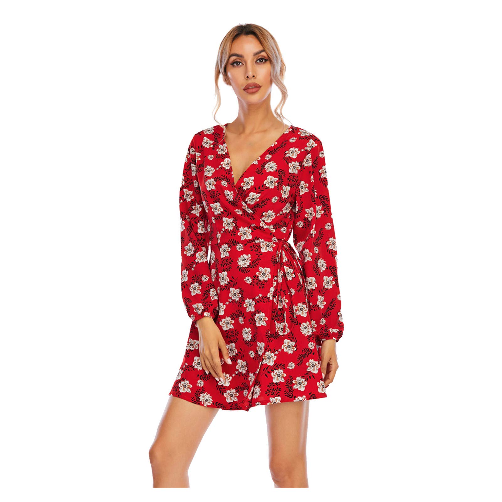 HAOREEKZ Women's V-Neck Floral Print Casual Dress for Winter Spring Autumn - Holiday Party Office Wear Everyday Comfortable One-Piece Dress