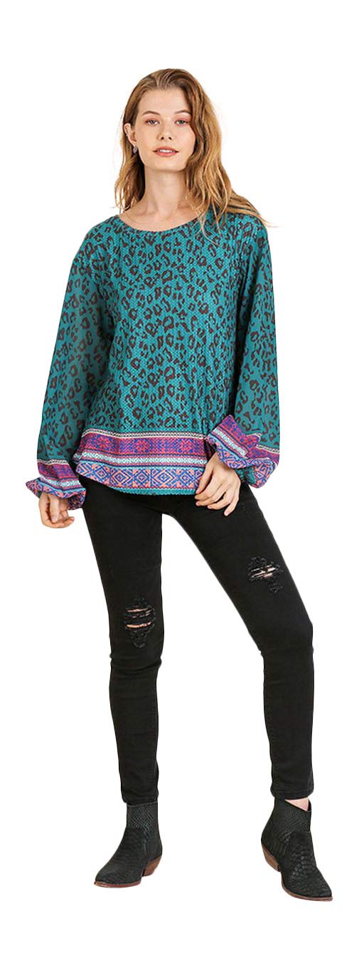 Umgee Women's Scarf Print Waffle Knit Top - Soft Long Sleeve Blouse for Fall & Winter | Casual Office Wear, Layering Piece, Date Night Outfit