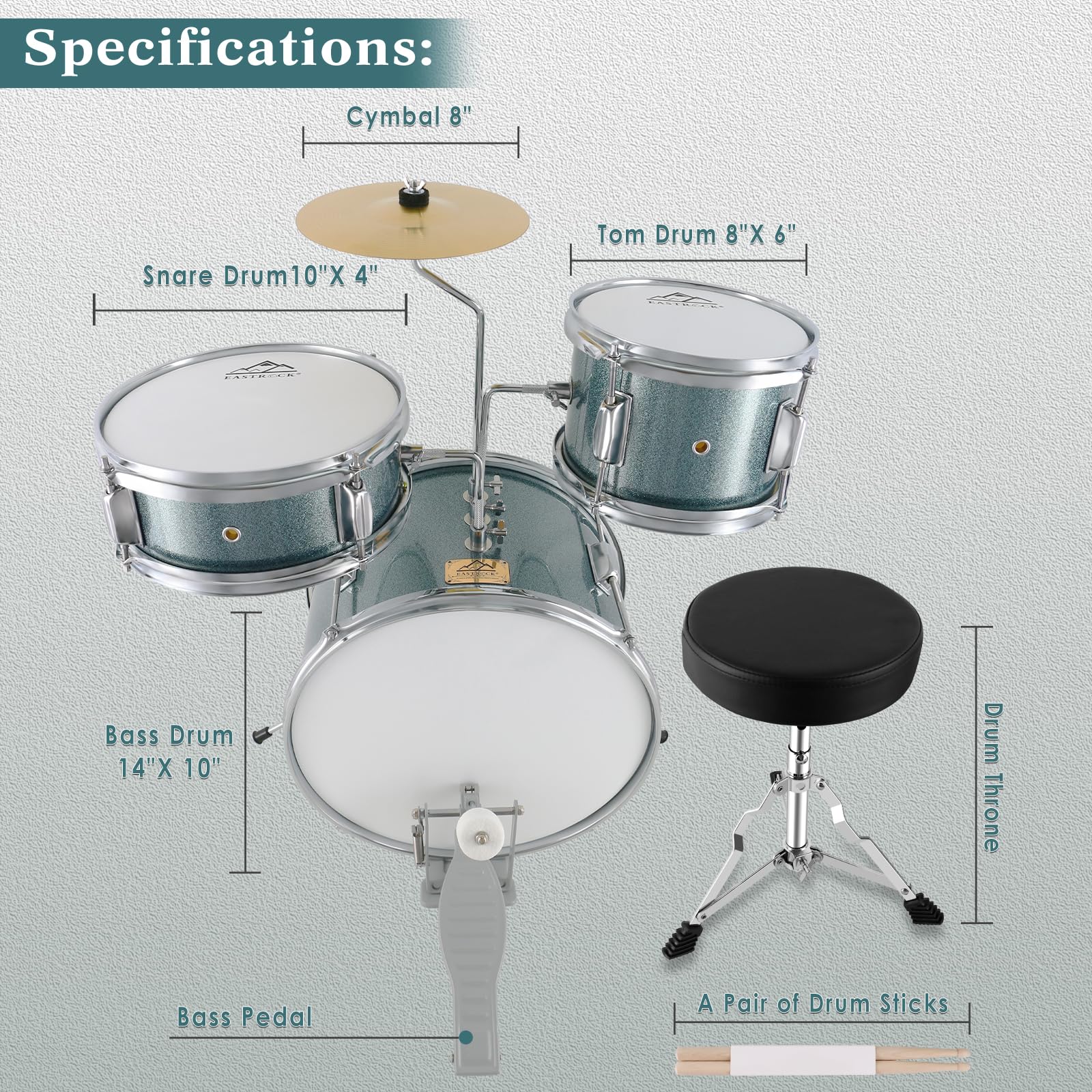 EASTROCK 3-Piece 14'' Kids Drum Set with Adjustable Throne, Cymbal, Pedal & Drumsticks - Blue-Black Beginner Drum Kit for Young Drummers | Perfect for Home Practice, Music Lessons & Birthday Gifts
