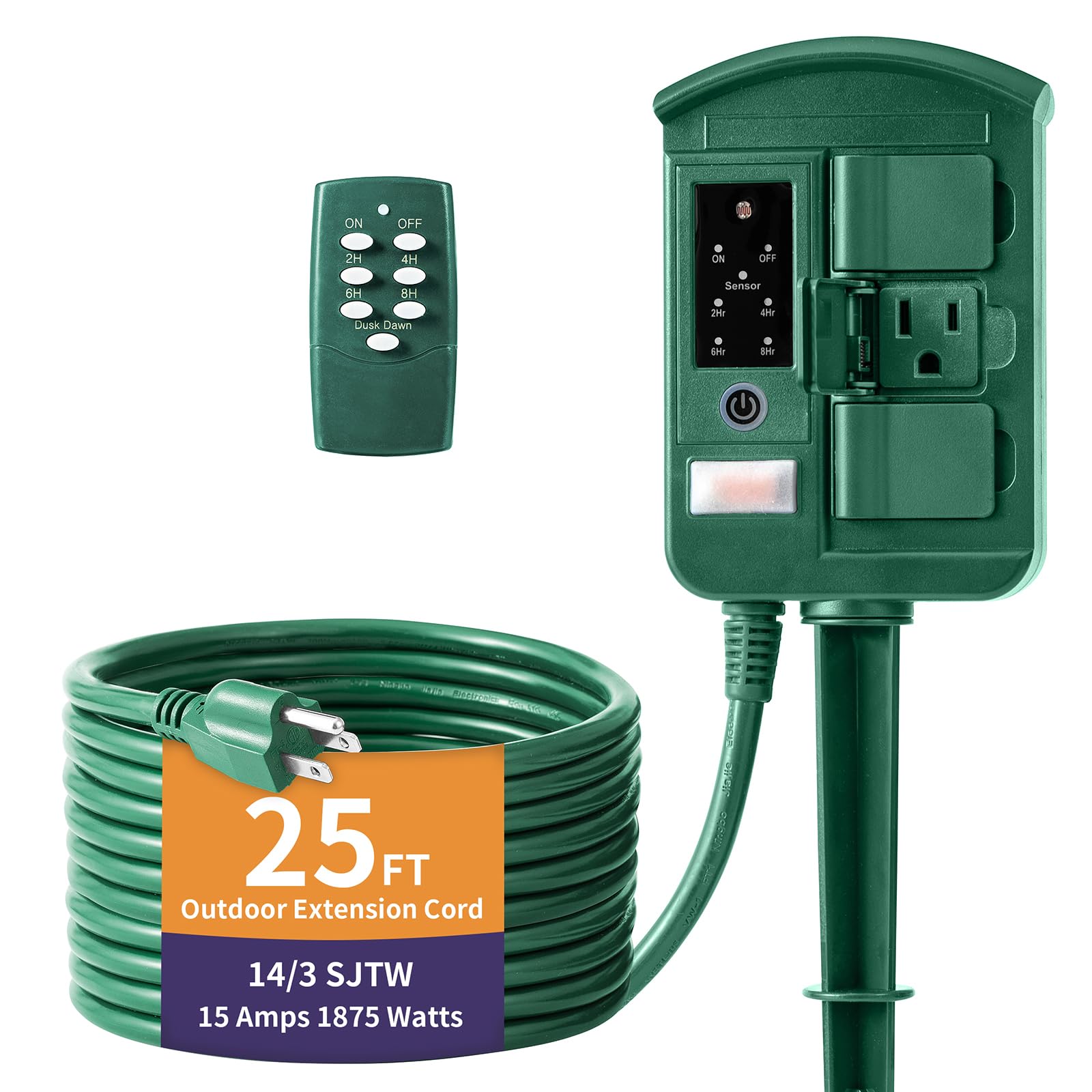 Outdoor Power Stake Timer Waterproof - 100FT Wireless Remote Control, Dusk to Dawn Light Sensor, 6-Outlet Heavy Duty Outdoor Power Strip (1875W/15A) with 25FT Extension Cord - Perfect for Garden Lights, Holiday Decorations & Outdoor Events