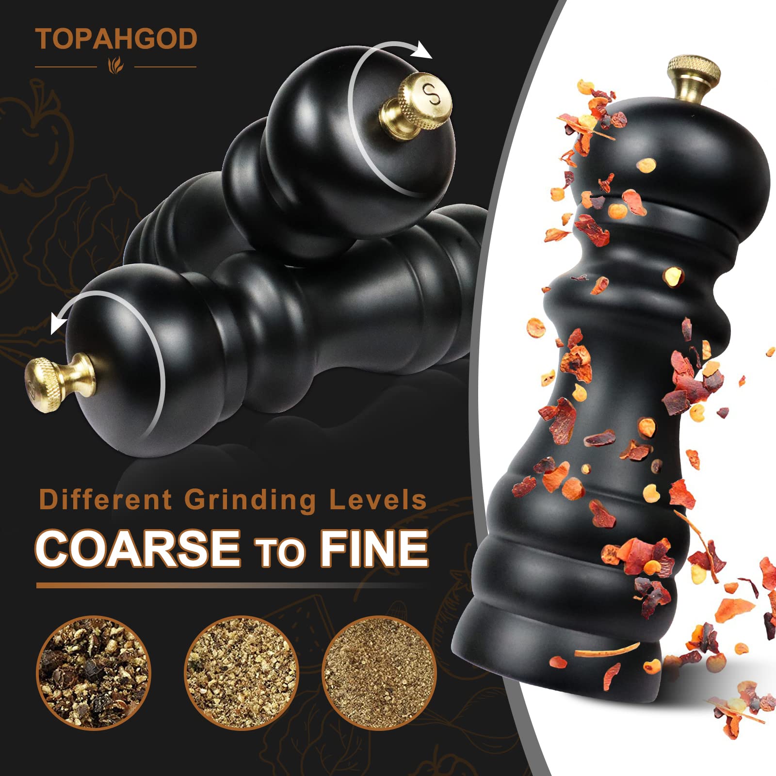 Premium 2-Piece Wooden Salt and Pepper Grinder Set - Adjustable Coarseness, Ceramic Rotor, Refillable Spice Mill - Matt Black Kitchen Essentials (16.5cm) for Home Cooking, Dining & Gourmet Seasoning