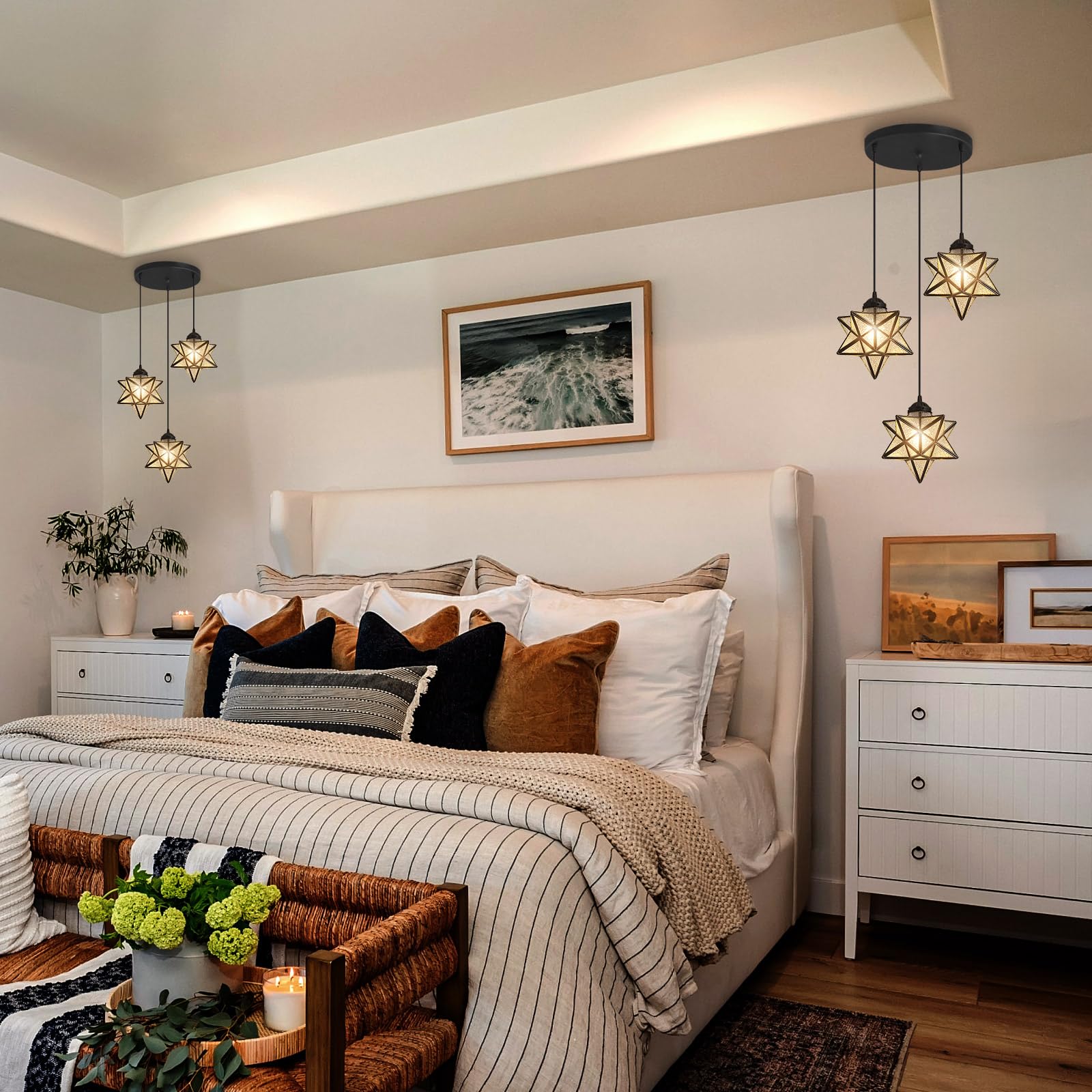 Elegant Black Farmhouse Chandelier with Glass Star Pendants - Modern Ceiling Light Fixture with Warm LED Bulbs for Dining Room, Bedroom or Living Room Decor