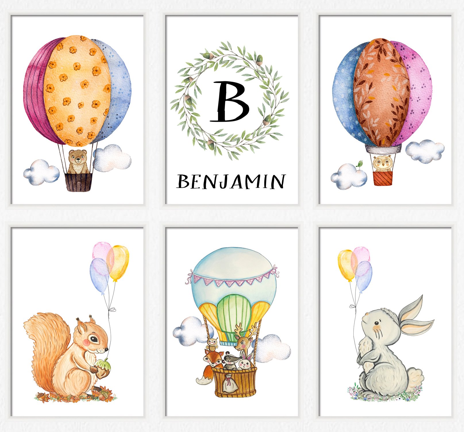 Woodland Nursery Art Prints - Watercolor Travel Theme Decor with Air Balloon & Animals for Boys' Room - Perfect for Baby Shower Gifts & Nursery Wall Decor