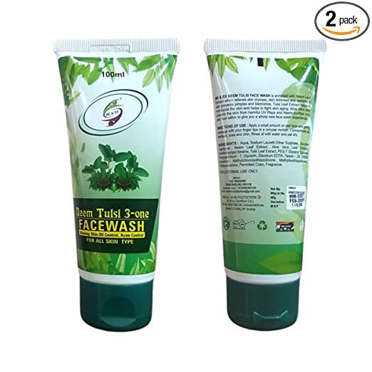 Neem, Tulsi & Aloe Vera Face Wash for Acne-Prone & Oily Skin | Oil Control | Paraben & Sulfate Free | 100ml (Pack of 2) | Gentle Cleanser for Pimple-Free Skin | Perfect for Daily Skincare Routine & Breakout Prevention