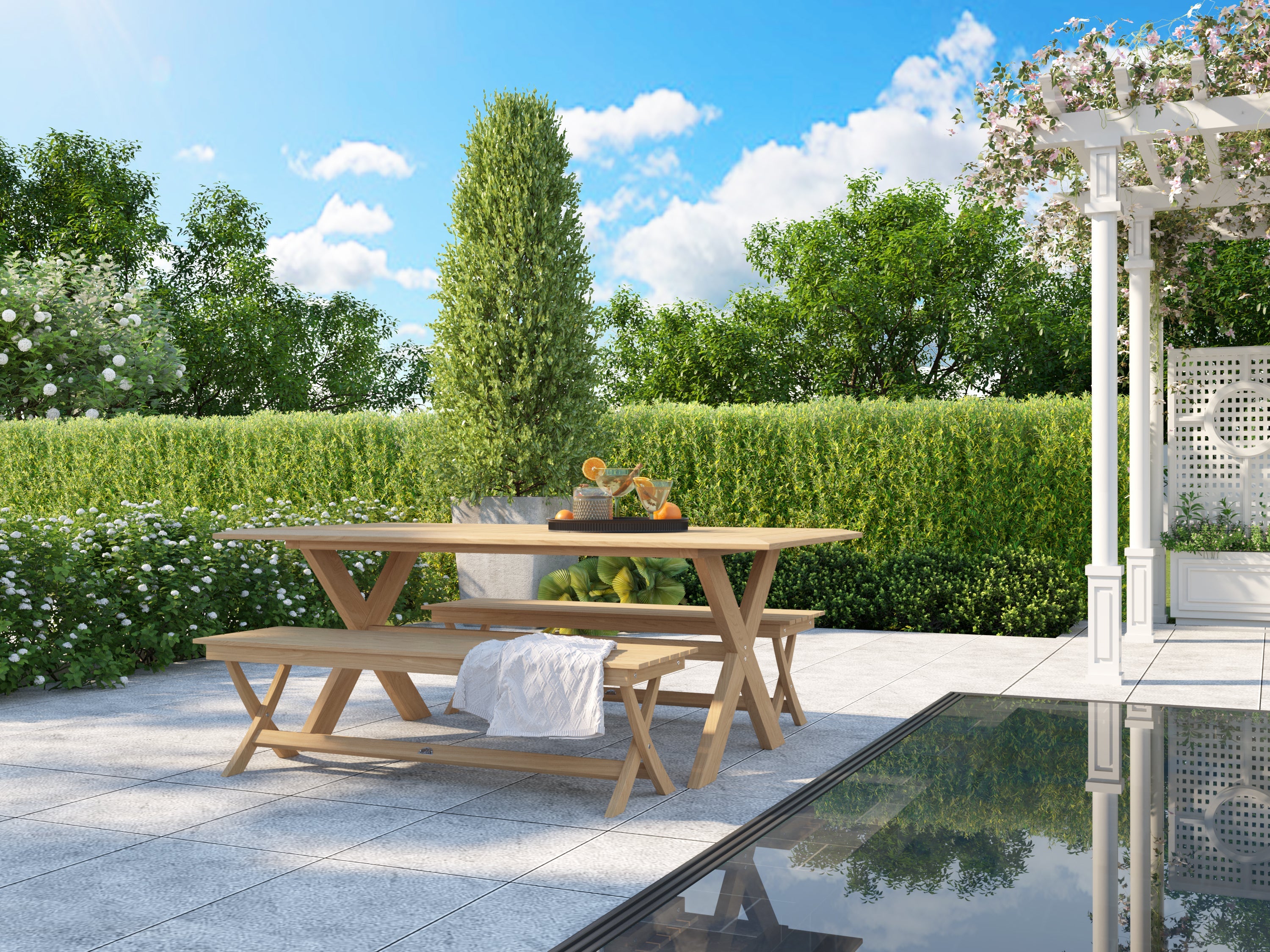 Jacques 3-Person Teak Wood Outdoor Bench - Weather-Resistant Garden Patio Seating for Backyard, Poolside & Deck