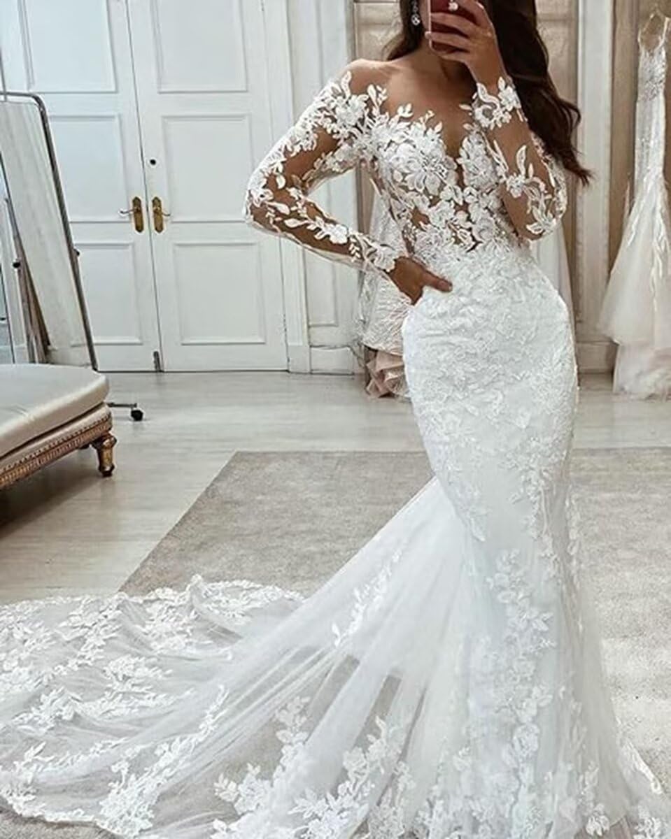 Elegant White Mermaid Wedding Dresses with Long Sleeves & Lace Details - Perfect for Bridal Ceremonies, Formal Weddings & Romantic Photos