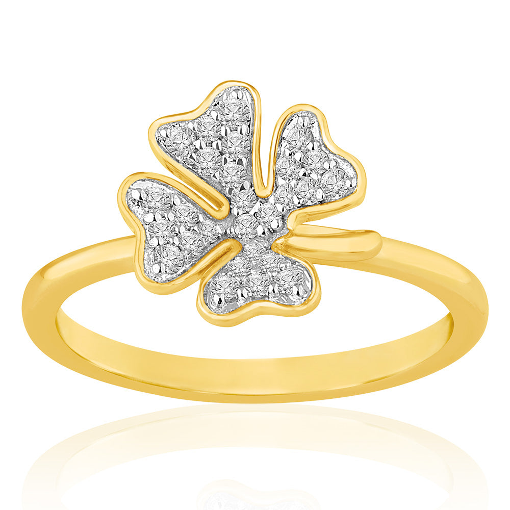 9ct Yellow Gold 4 Leaf Clover Diamond Ring for Women - Elegant Irish Jewelry Gift for Birthday, Anniversary & St. Patrick's Day - Perfect for Everyday Wear & Special Occasions