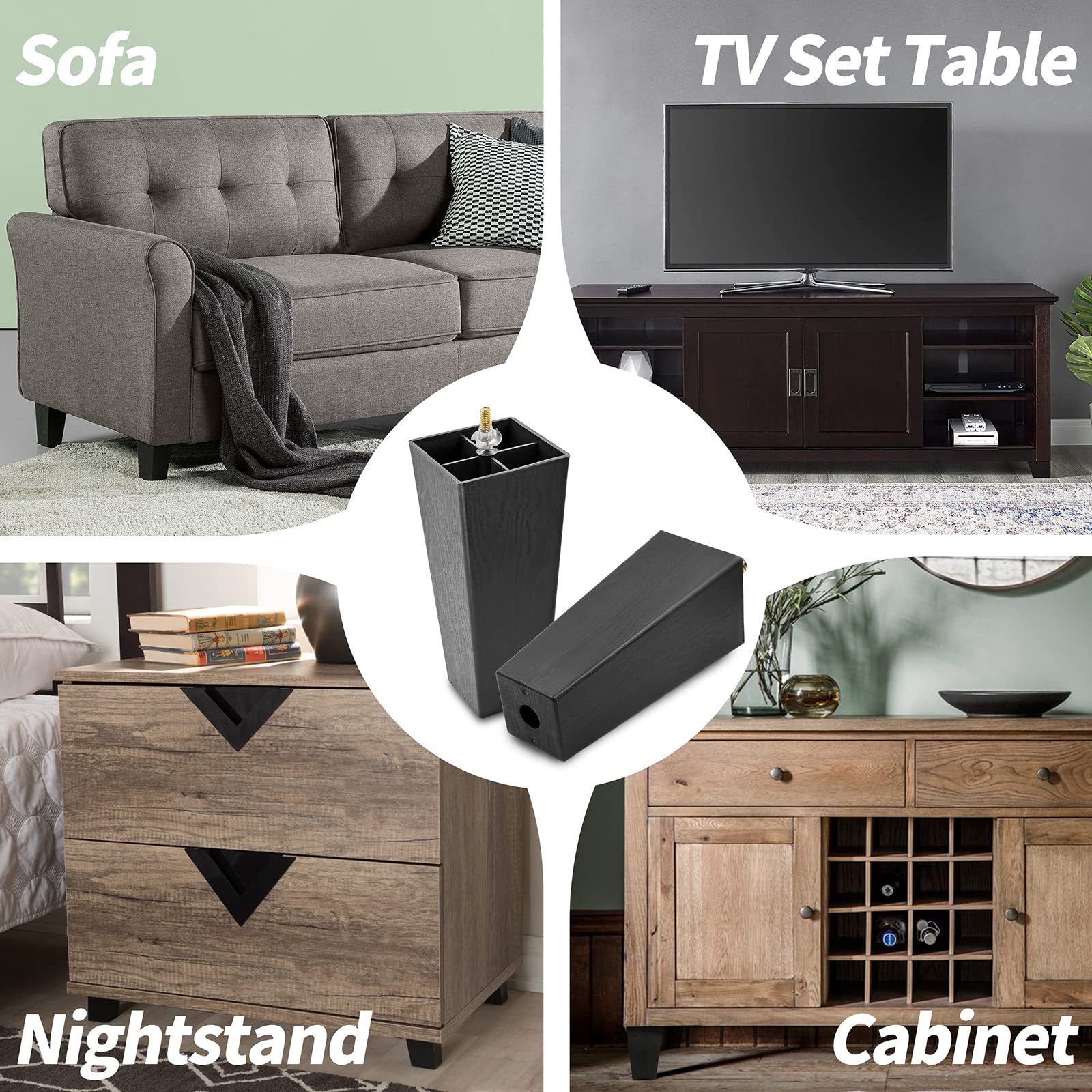 8 Inch Black Plastic Square Furniture Legs - Set of 4 M8 Replacement Feet for Sofa, Couch, Armchair, Bed, Cabinet & Desk - Mid Century Modern Style Home Decor Upgrade for Living Room, Bedroom & Office