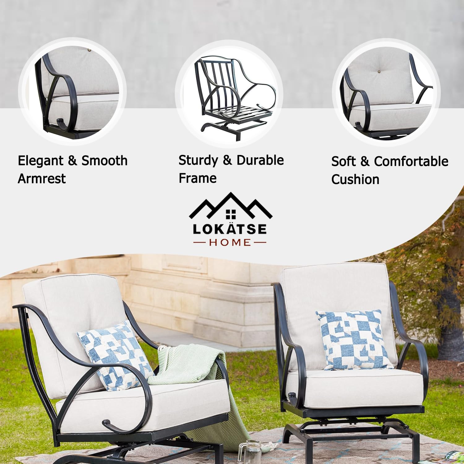 LOKATSE HOME 2-Piece Outdoor Patio Dining Chairs Set - Metal Frame Bistro Conversation Chairs with Cushions, Beige - Perfect for Garden, Backyard, Poolside & Restaurant Outdoor Seating