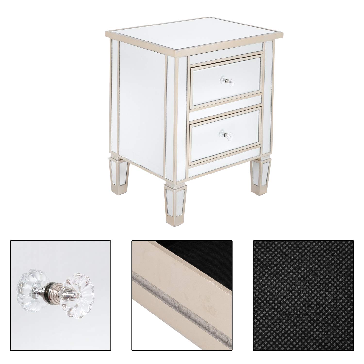 Mirrored Nightstand End Tables with Crystal Knobs - Smooth Mirror Finish Accent Table for Bedroom & Living Room - Perfect as Bedside Table, Vanity Dresser or Entryway Decor