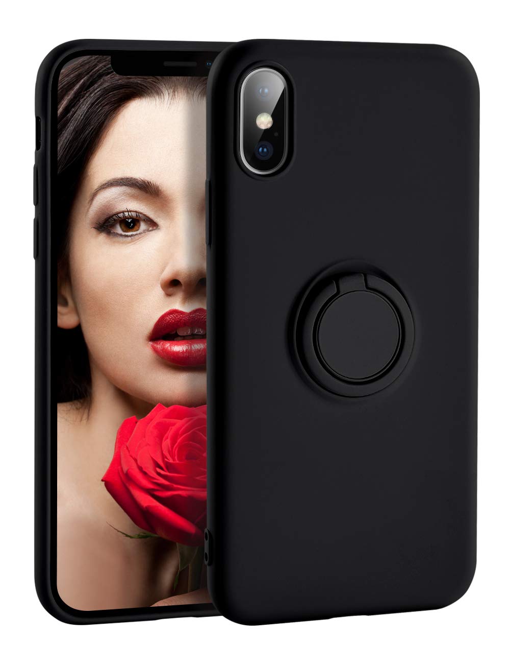 Premium Liquid Silicone iPhone X/Xs Case with Magnetic Ring Holder & Kickstand - Shockproof Slim Protective Cover for iPhone X & Xs (Black) | Perfect for Car Mounting, Hands-Free Viewing & Daily Protection