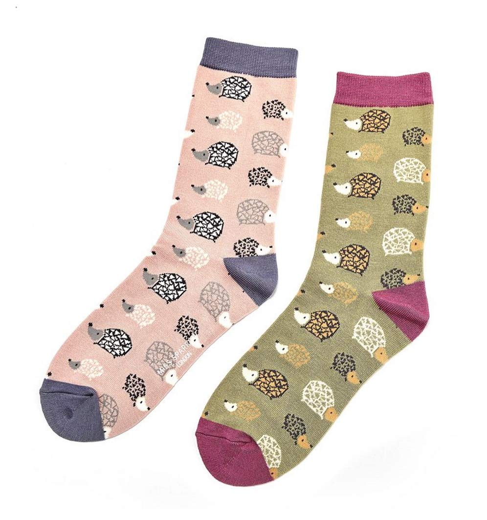 Cute Hedgehog Pattern Women's Socks - 2 Pairs Pack (Green & Pink) - Soft Comfortable Socks for Casual Wear, Gifts & Everyday Use