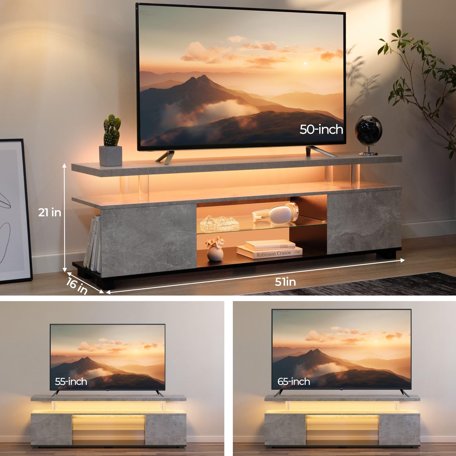 65 Inch LED TV Stand with Storage - Modern Entertainment Center for Living Room, Grey (A16-7) - Perfect for Home Theater & Living Room Organization