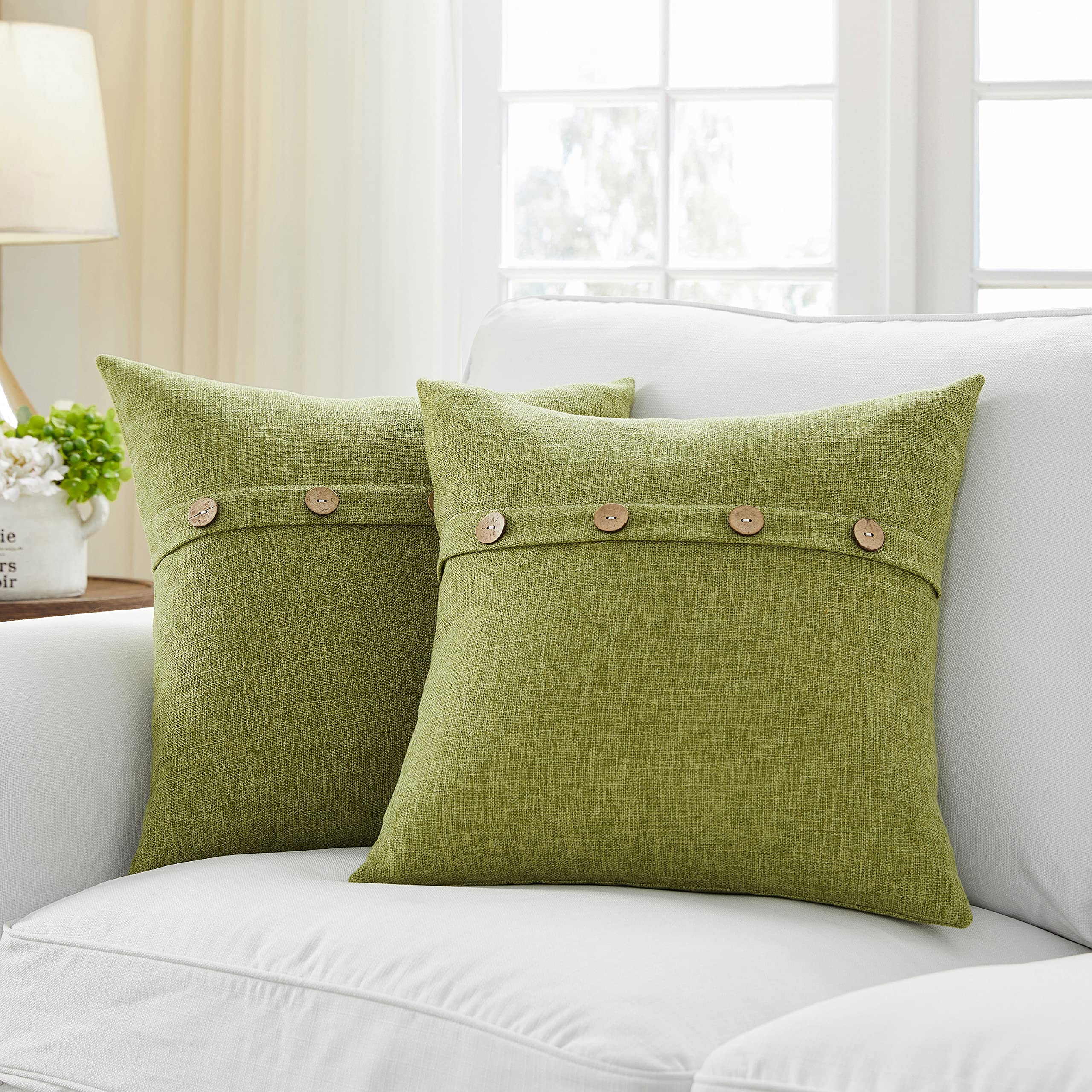 2 Pack Lime Green Square Pillow Covers 18x18 Inches - Farmhouse Style Decorative Throw Pillow Cases with Coconut Buttons for Sofa, Couch, Living Room, Bedroom - Perfect for Home Decor, Cozy Reading Nook & Accent Pillows