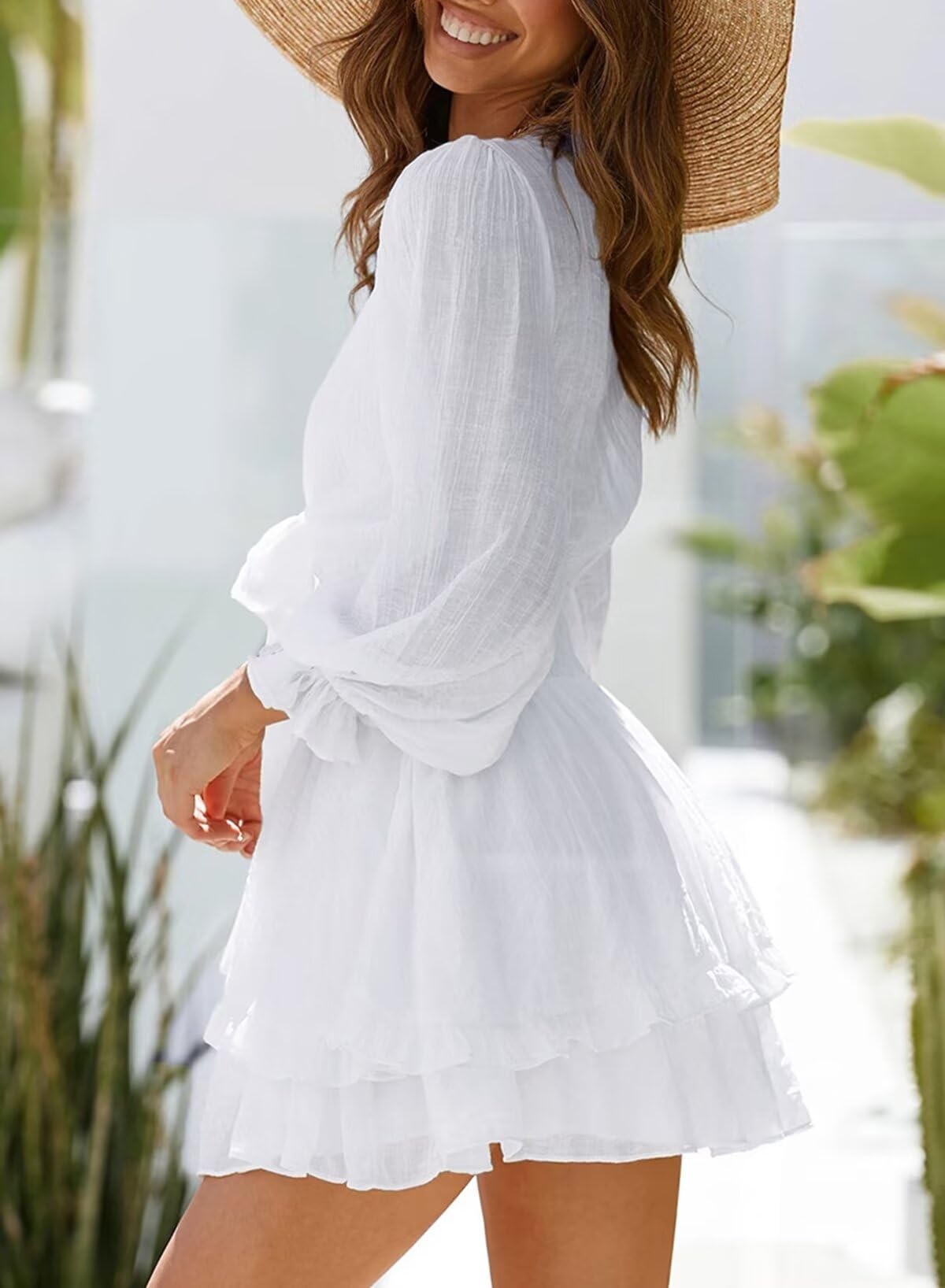 Dokotoo Women's Casual Deep V Neck Knotted Tiered Chiffon Mini Swing Dress for Spring Summer 2025 | Elegant Skater Dress for Party, Date Night & Vacation