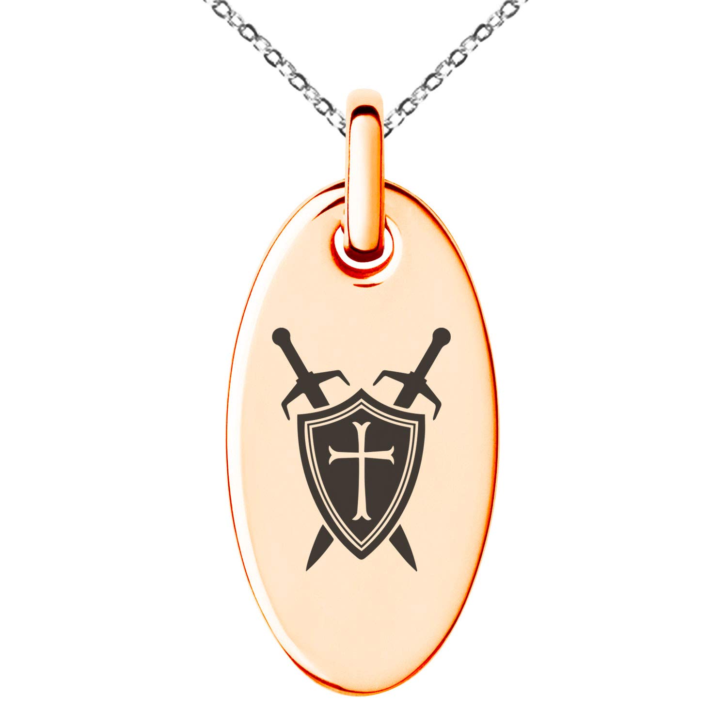 Stainless Steel Crusader Emblem Small Oval Charm Pendant Necklace for Men & Women - Medieval Knight Jewelry Gift for Cosplay, LARP, Renaissance Fairs & Everyday Wear