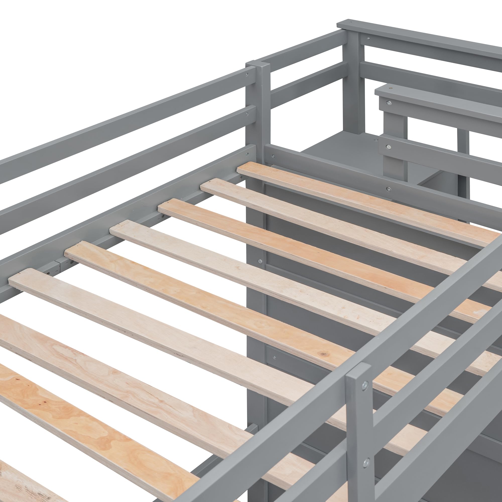 Harper & Bright Designs Twin Over Twin Wooden Bunk Beds with Trundle & Storage Drawers - Staircase Bunk Bed Frame with High Safety Guardrail for Kids, Teens & Adults (Grey) - Perfect for Small Bedrooms, Guest Rooms & Vacation Homes