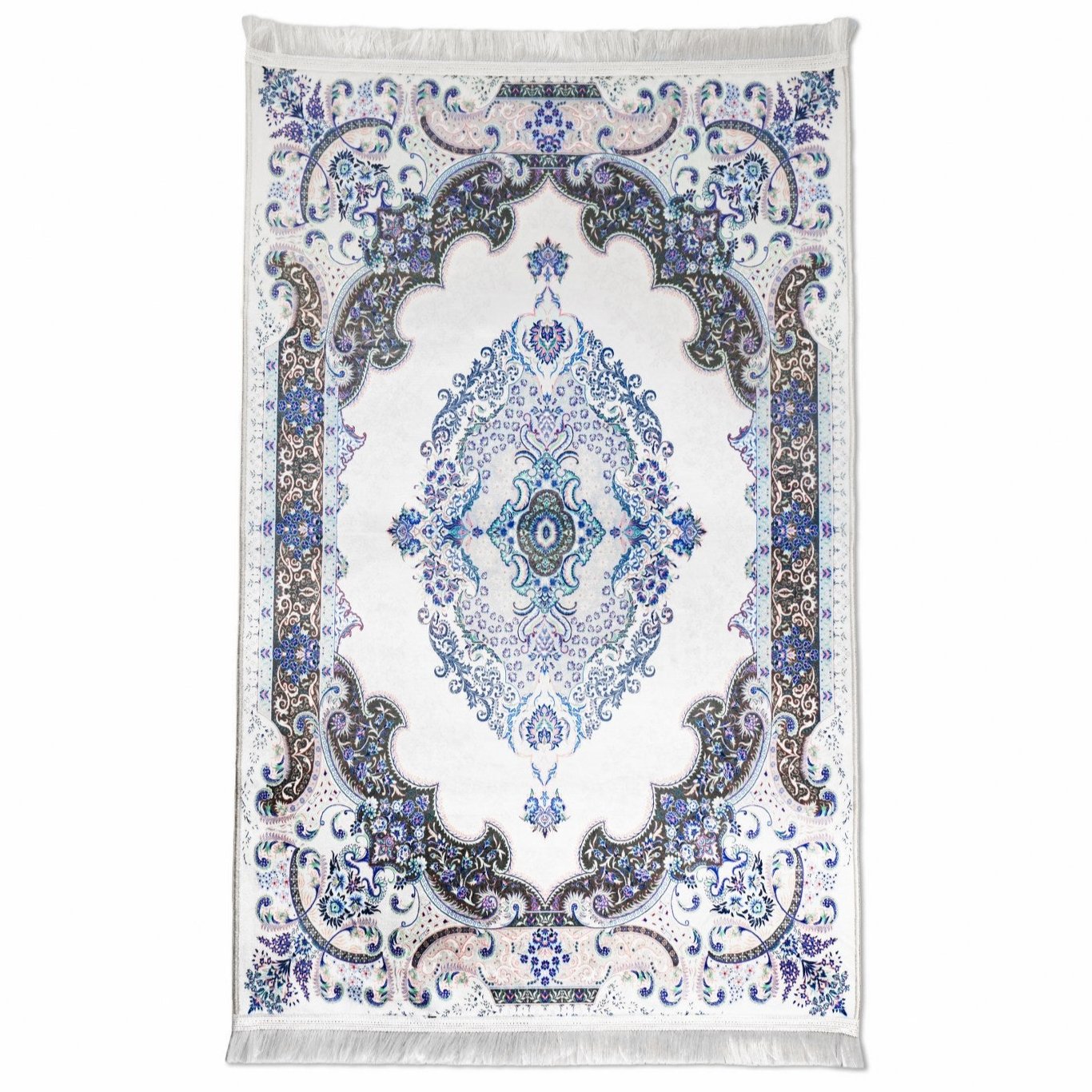 Premium Muslim Prayer Mat - White & Blue Diamond Design for Home, Mosque & Travel - Non-Slip & Portable Islamic Prayer Rug