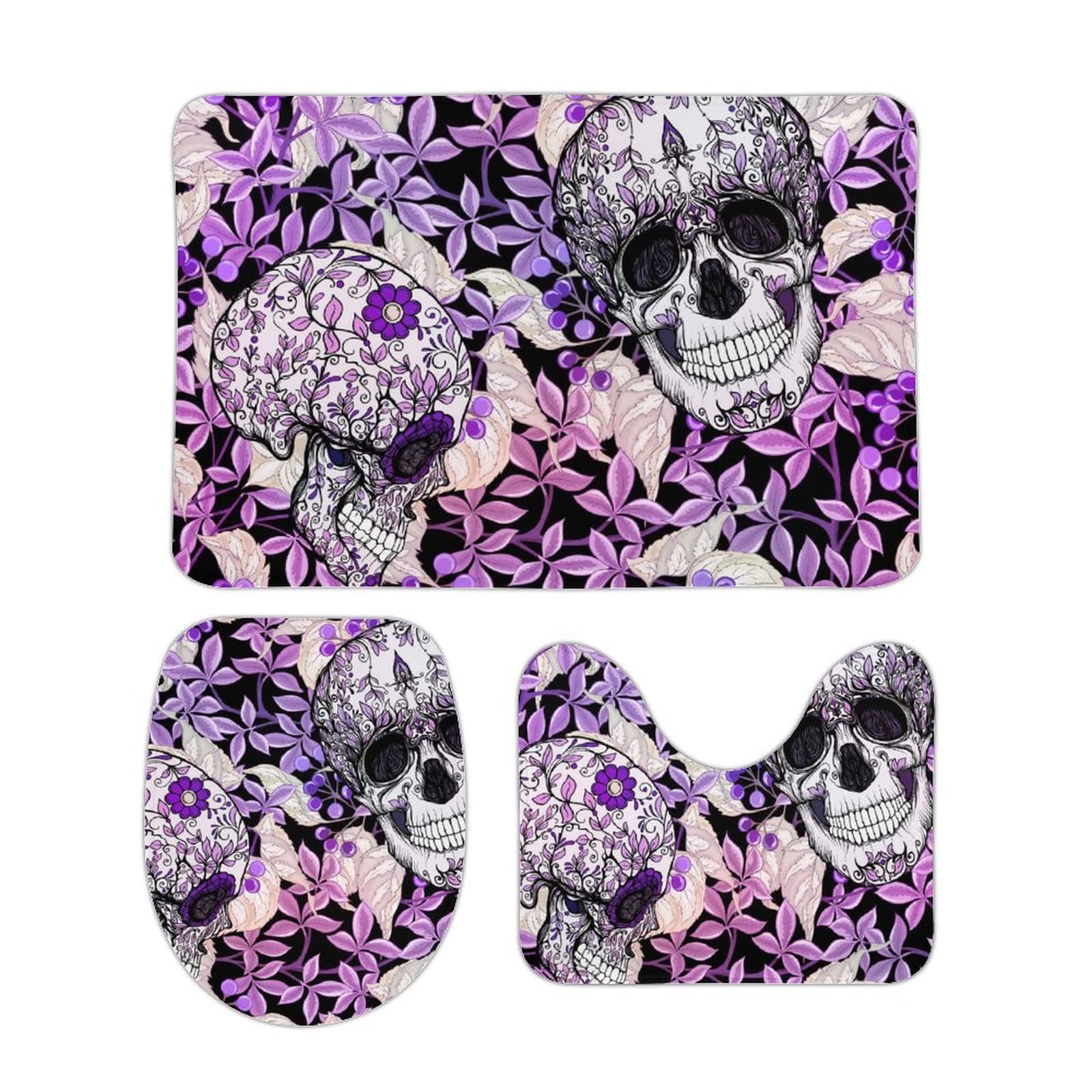 UNSUWU 3-Piece Bathroom Rug Set - Purple Skulls & Floral Design, 15