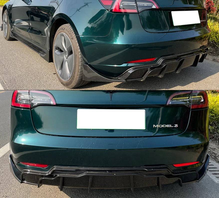 IKON Style Rear Diffuser Bumper Lip for 2017-2023 Tesla Model 3 - 3PC Carbon Fiber Apron Kit - Enhance Aerodynamics & Sporty Look for Street Racing & Car Shows
