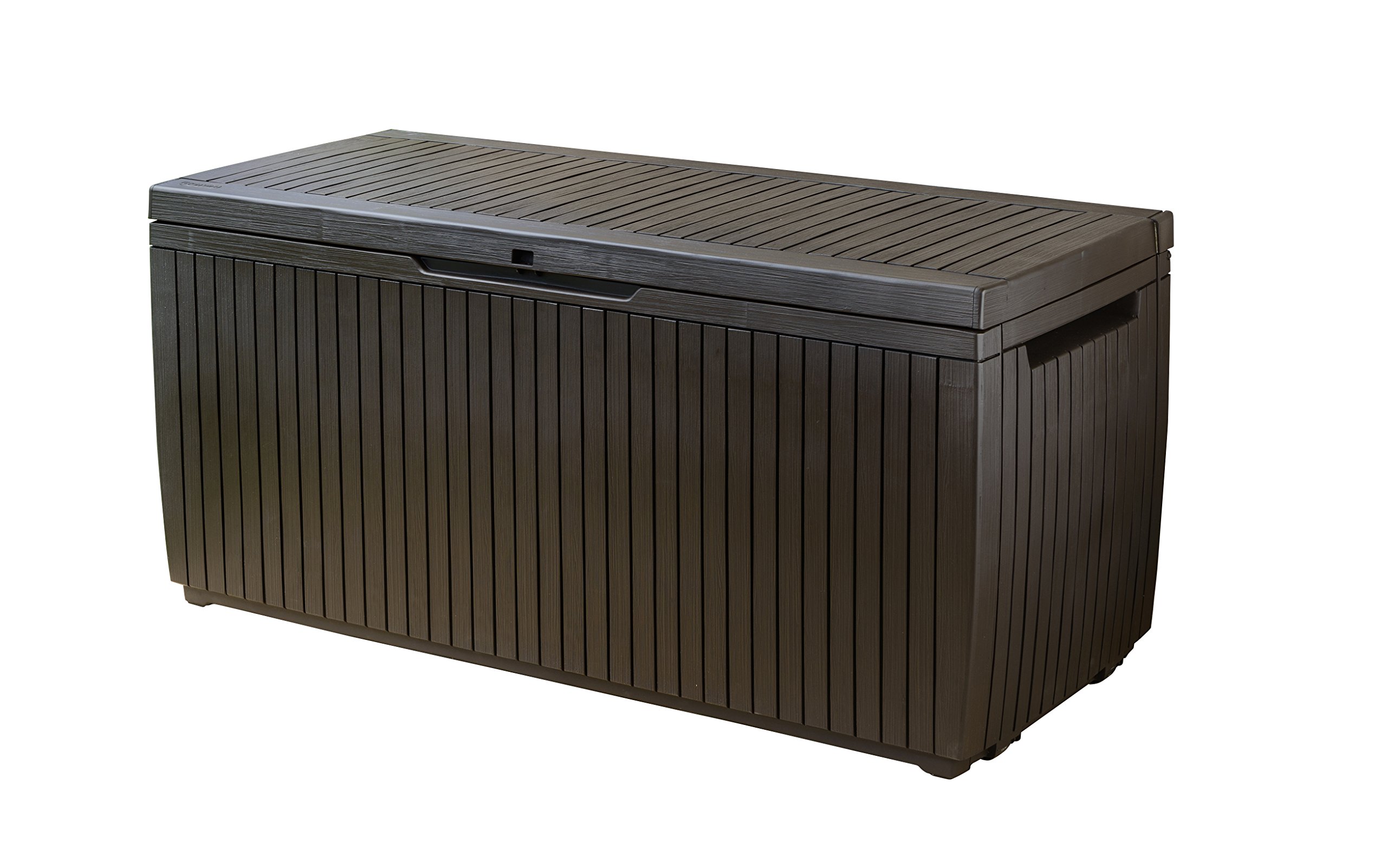 Keter Springwood 80 Gallon Resin Outdoor Storage Box - Weatherproof Deck Box for Patio Furniture Cushions, Garden Tools & Pool Accessories with Easy-Grip Handles, Brown - Perfect for Backyard, Deck & Poolside Organization