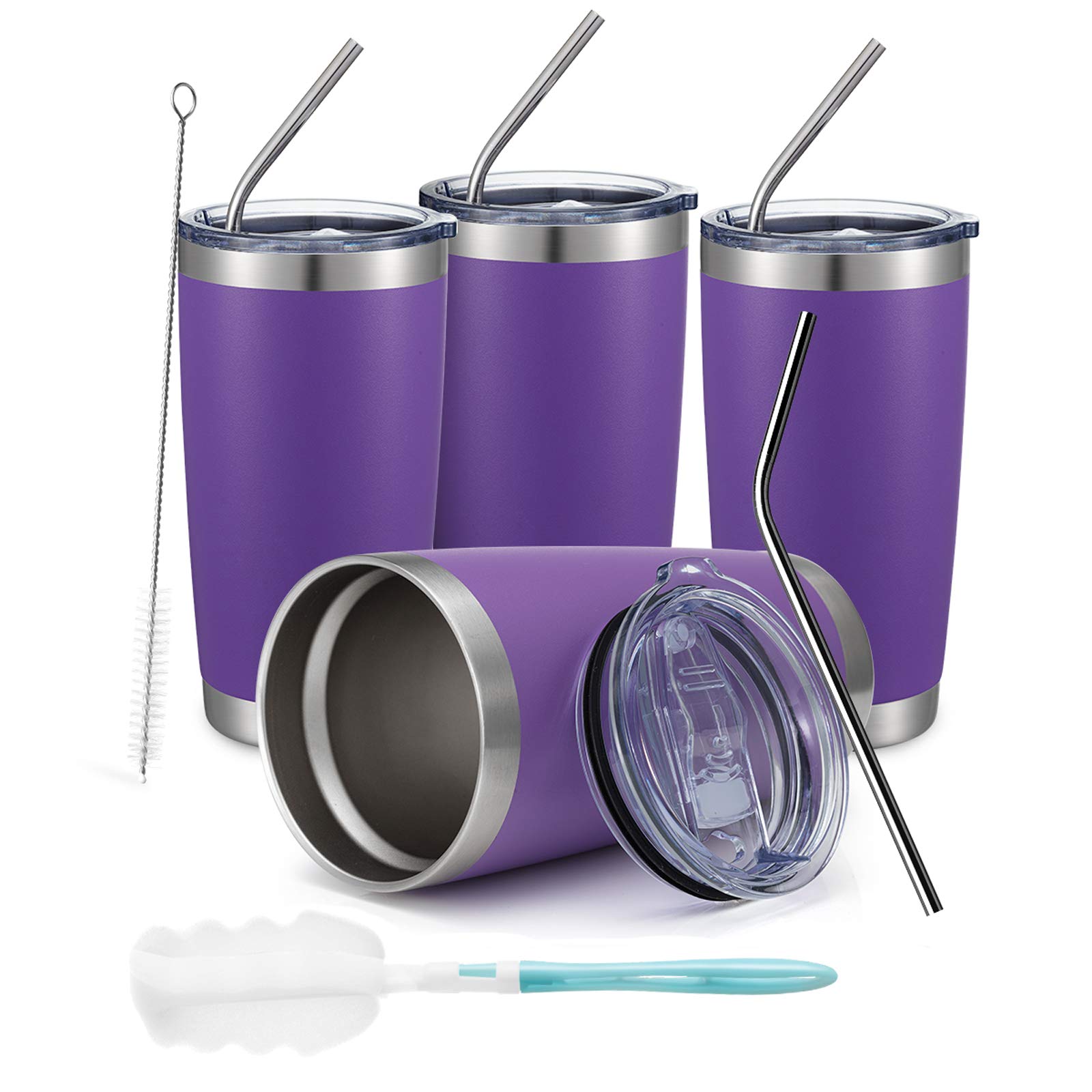 COMOOO 20oz Double Wall Vacuum Insulated Stainless Steel Travel Mug with Lid & Straw - Powder Coated Durable Tumbler for Hot & Cold Drinks (4 Pack, Purple) - Perfect for Office, Camping, Gym & Daily Commute