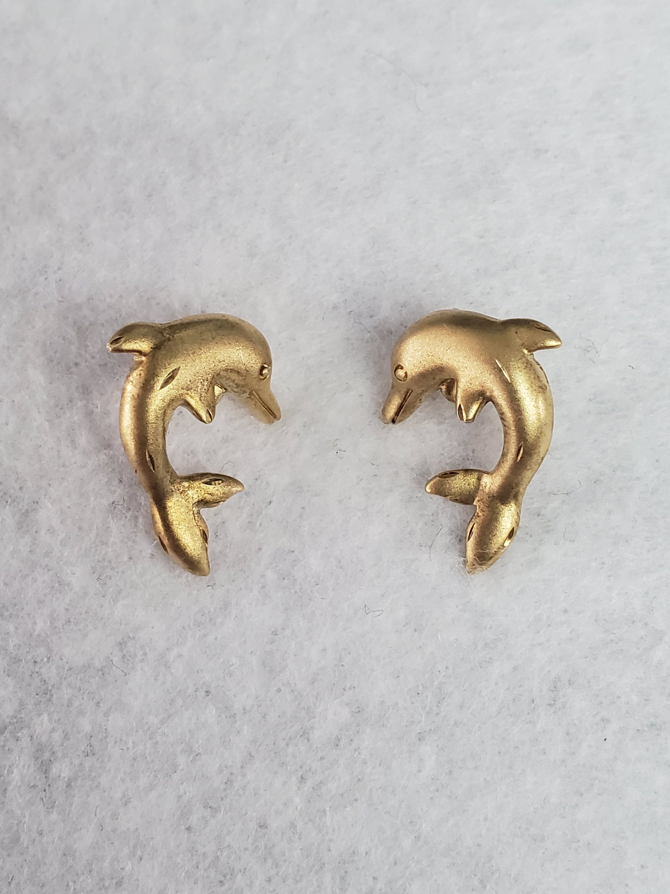 14k Yellow Gold Dolphin Stud Earrings - Matte Finish for Women, Perfect for Beach Vacations & Summer Outfits
