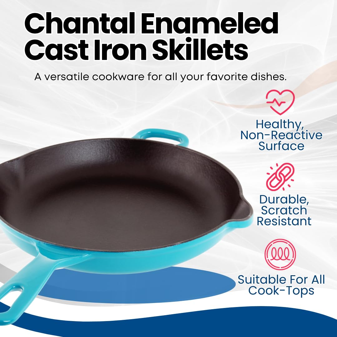 Premium Chantal Enameled Cast Iron 10-Inch Skillet - Sea Blue | Durable Non-Stick Cookware for Searing, Frying & Baking | Perfect for Stovetop, Oven & Camping Use