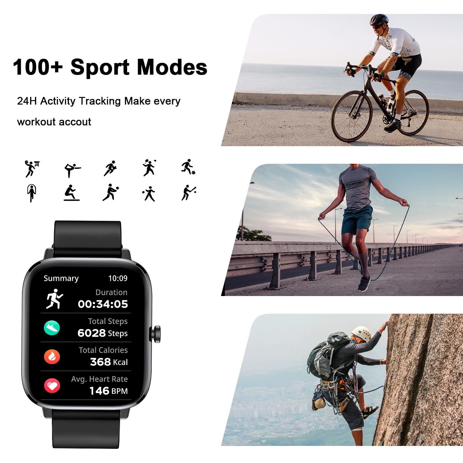 Smart Watch for Android & iOS - Full Touch Screen Fitness Tracker with Heart Rate Monitor, Sleep Tracking, Step Counter & Waterproof Design - Make/Answer Calls - Perfect for Running, Swimming & Daily Use (Black)