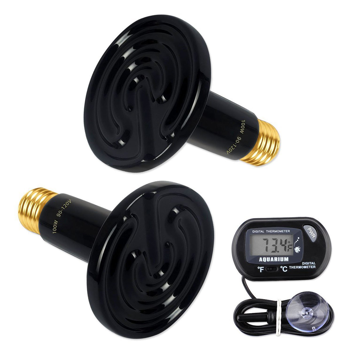 2 Pack 100W Ceramic Heat Lamp with Digital Thermometer - Infrared Heat Emitter Bulbs for Reptiles, Turtles, Snakes, Lizards, Chicken Brooders & Aquariums - No Light Emission, ETL Certified - Perfect for Terrariums, Pet Habitats & Coop Warming