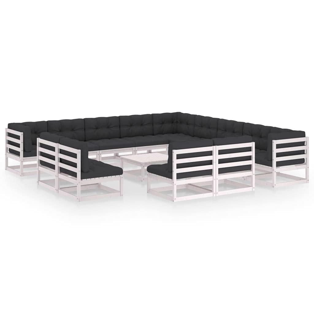 14-Piece White Solid Pinewood Garden Lounge Set with Cushions - All-Weather Outdoor Patio Furniture Sectional Sofa Conversation Set with Dining Table & Chairs for Backyard, Poolside, and Garden Relaxation