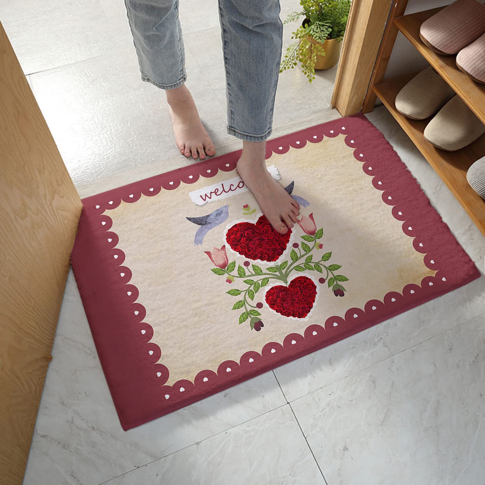 Non-Slip Super Soft Shaggy Entrance Mat - Valentine's Day Retro Lovebirds Theme with Red Rose Flowers & Hearts - Fuzzy Bath Rug for Kitchen, Bathroom, Living Room - Perfect for Home Decor & Romantic Gift Giving