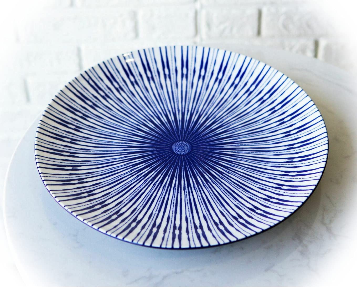 4-Piece White and Blue Geometric Porcelain Dinner Plates Set - Elegant Round Entree Plates for Home Decor, Parties & Special Occasions - Perfect for Birthday Dinners, Holiday Meals & Restaurant-Style Dining