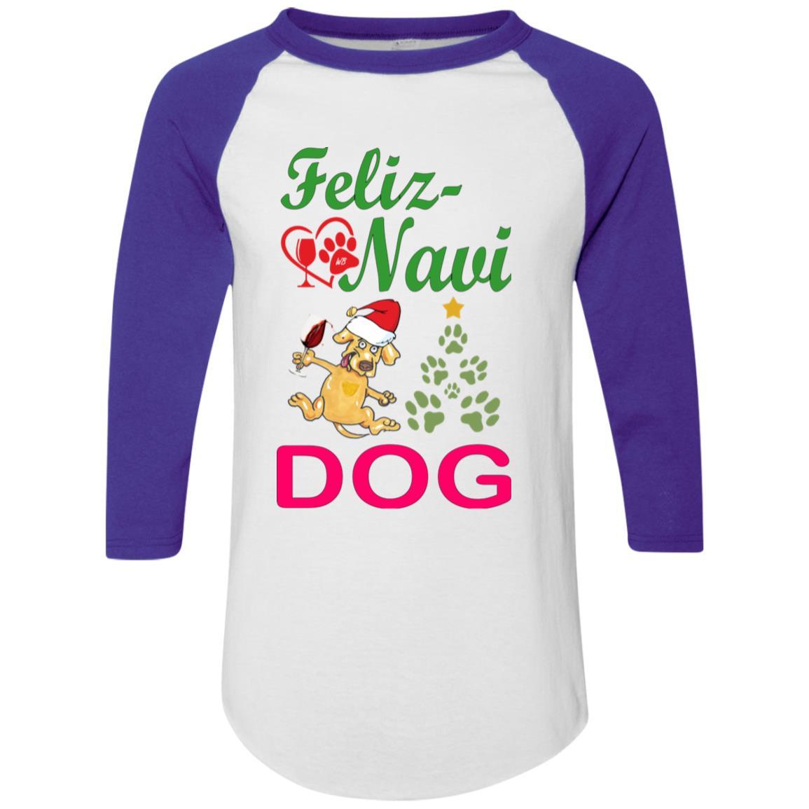 Feliz Navidad Dog Sweater - Colorblock Raglan Jersey in Green & Red | Christmas Pet Apparel for Small & Medium Dogs | Perfect for Holiday Photos & Festive Outfits