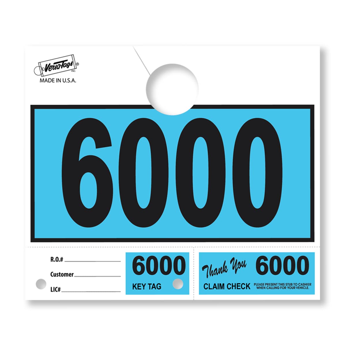 Versa-Tags 1000 Blue Car Dealer Service Hang Tags - Numbered Key Tags for Mechanic Repair Shops (6000-6999) | 3-Part Key Ring for Auto Service Dispatch & Vehicle Maintenance Organization