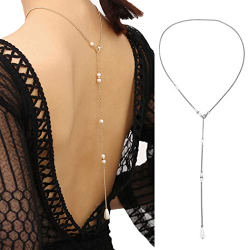 Fdesigner Elegant Pearl Y-Necklace with Silver Pendant - Dainty Drop Chain for Women & Girls | Perfect for Prom, Weddings & Special Occasions