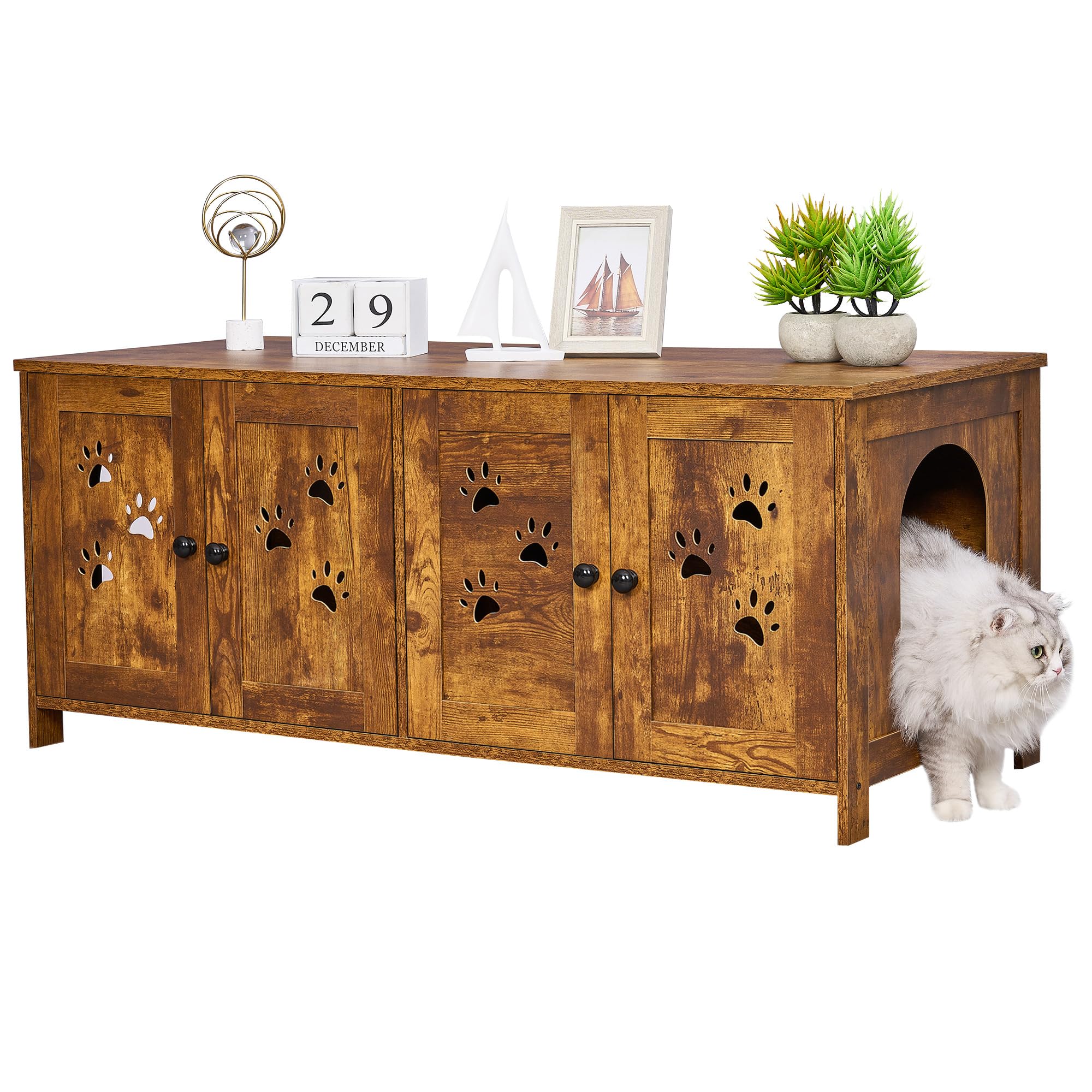 BEWISHOME Double Litter Box Enclosure - Rustic Brown Cat Litter Box Furniture for 2 Cats | Hidden Litter Box Cabinet for Living Room & Bedroom | Pet Furniture for Odor Control & Home Decor (CMW08F) - Perfect for Small Spaces & Multi-Cat Households