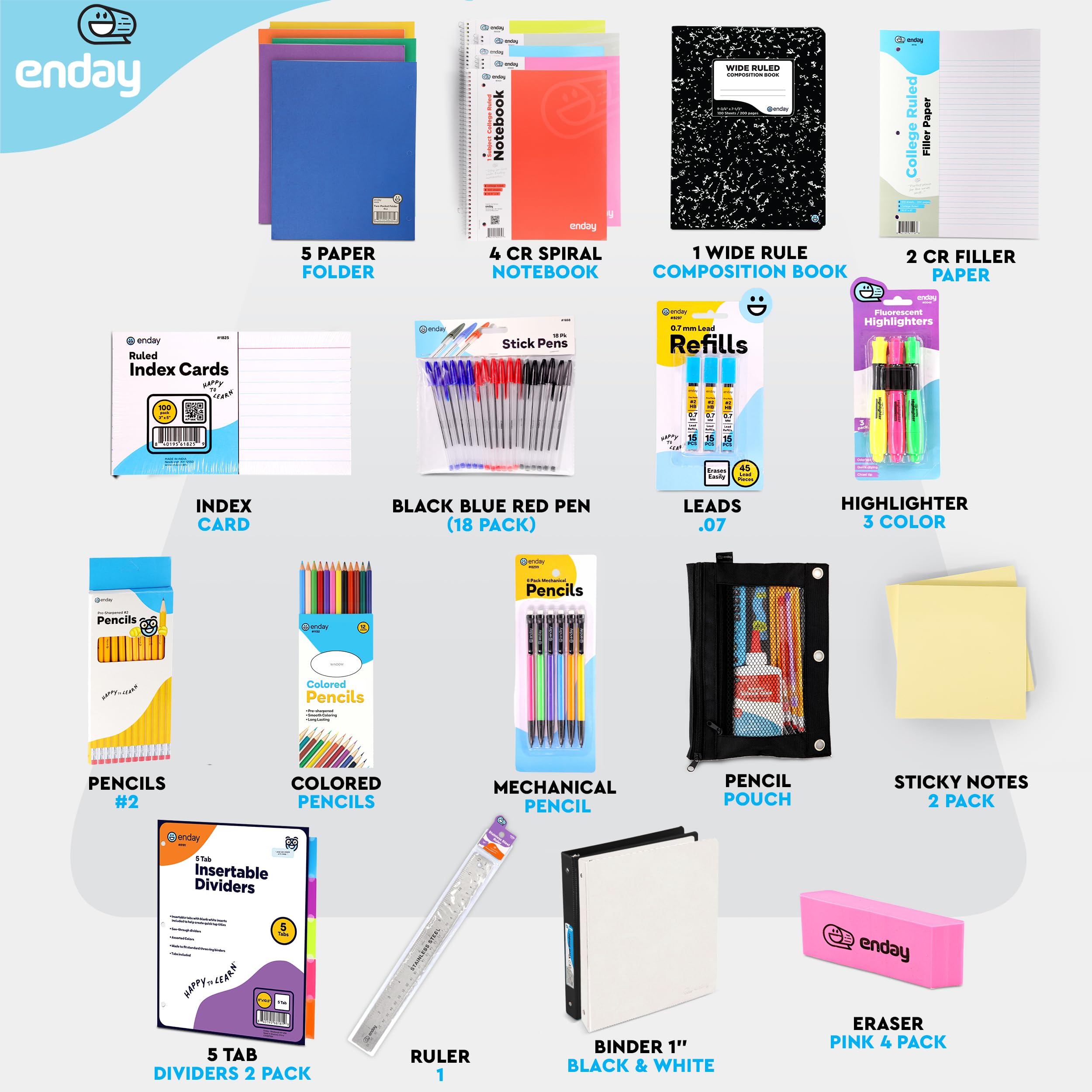 Premium 105-Piece Back to School Supplies Kit for High School & College Students - Essential School Supply Box for Girls & Boys | Perfect for Classroom, Dorm & Study Organization - by Enday
