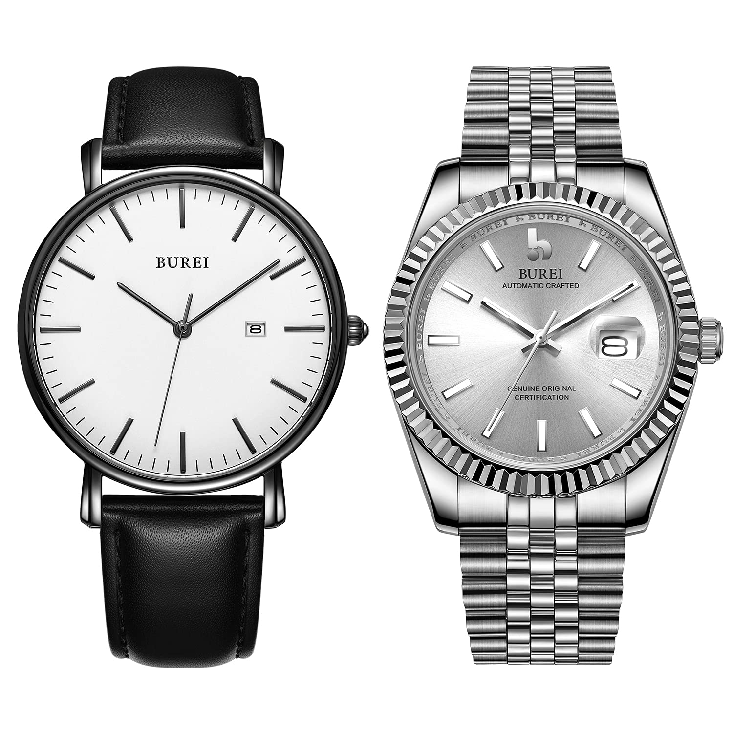 BUREI Men's Luxury Automatic Watch with Date Window, Sapphire Crystal Glass, Stainless Steel Band - Water Resistant Dress Watch for Business, Formal & Casual Wear