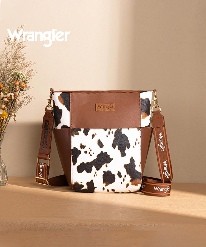 Wrangler Cow Print Crossbody Bucket Bag for Women - Stylish Western Handbag with Adjustable Strap - Perfect for Daily Use, Travel & Country Music Festivals