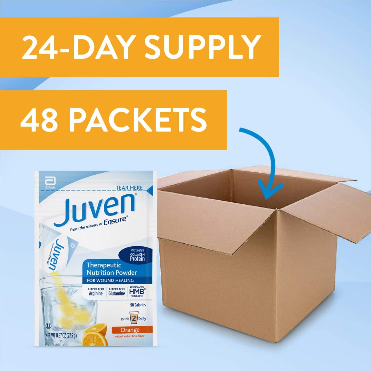 Juven Therapeutic Nutrition Drink Mix Powder for Wound Healing Support with Collagen Protein - Orange Flavor, 48 Packets | Post-Surgery Recovery & Immune System Boost