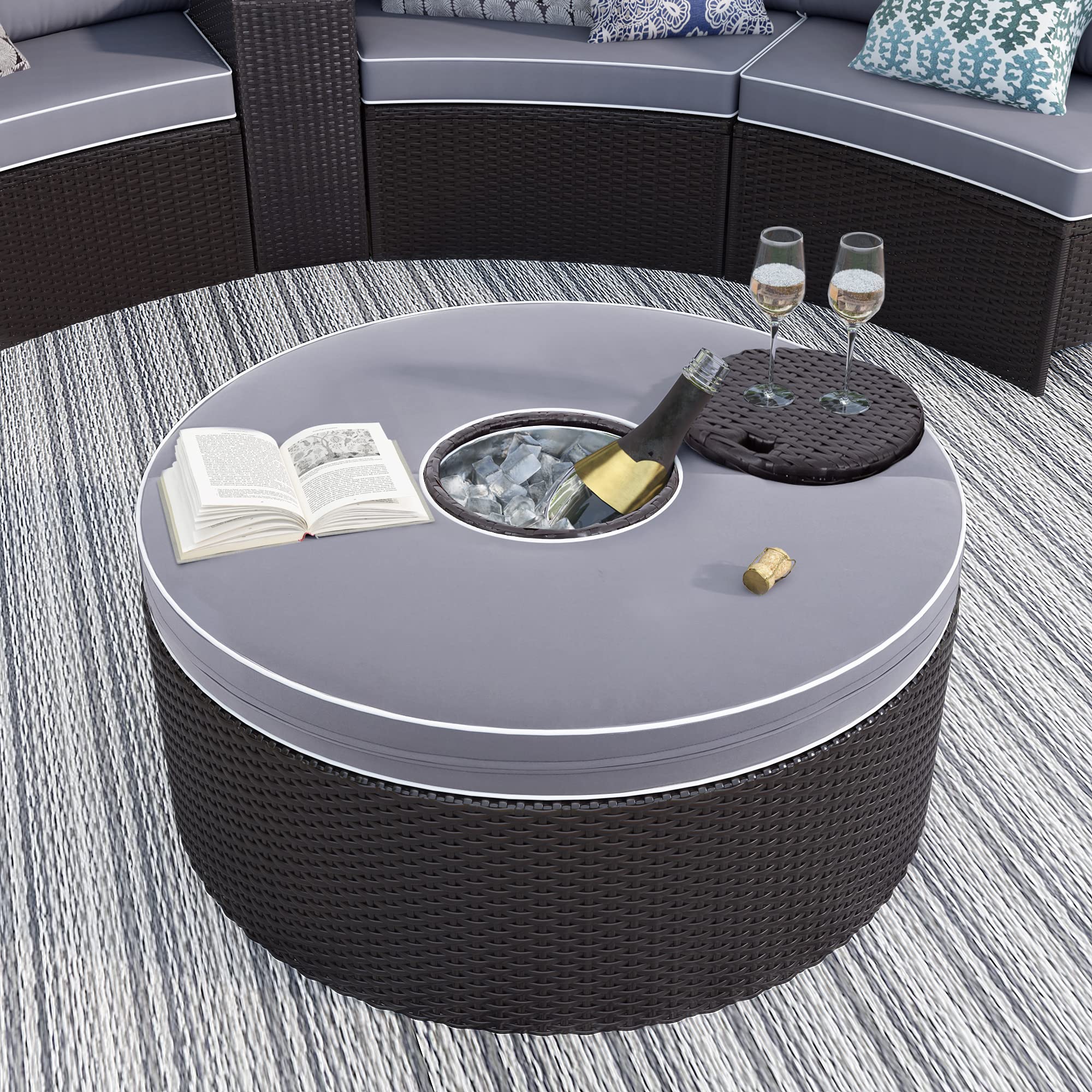 6-Piece Patio Rattan Sectional Half Round Sofa Set - Outdoor Conversation Furniture with Storage Side Table & Multifunctional Round Table - Perfect for Garden, Poolside & Backyard Relaxation