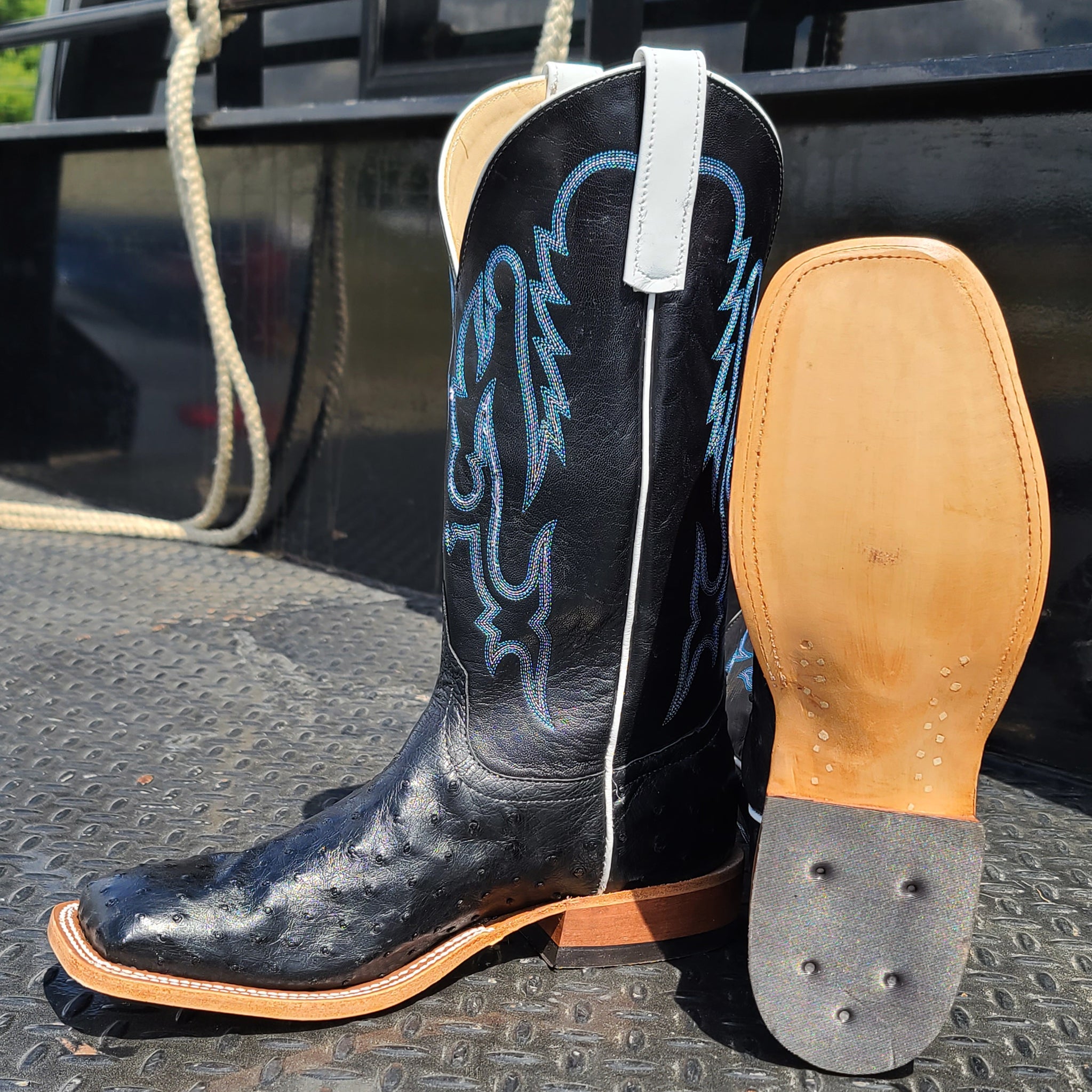 Anderson Bean Men's Black Ostrich Leather Cowboy Boots - Premium Western Boots for Men, Comfortable Riding & Country Style Fashion